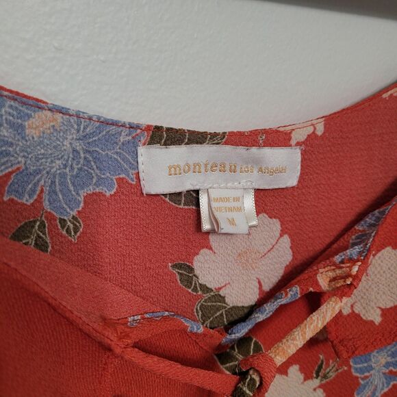 Monteau Coral Floral Cold Shoulder Ruffle Blouse Medium Button Front Top - Picture 4 of 5